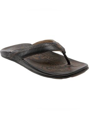 OluKai Men's Hiapo Leather flip-flops Sandals Black Whipstitching Moko Tattoo